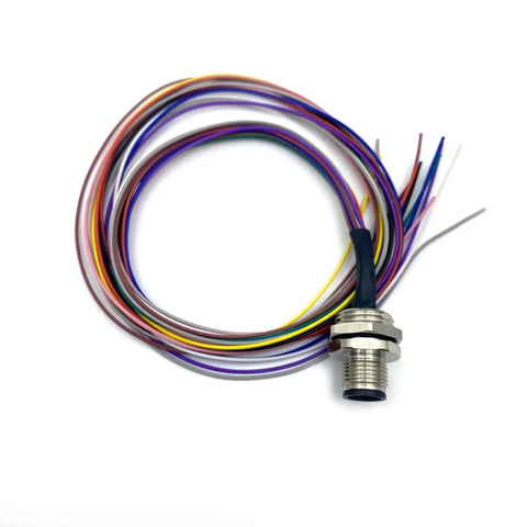 M12 12 Pin A Coded Male Connector Cable IP67 Waterproof Back Mount Unshielded, straight view with multicolored wires, 0.5 meter