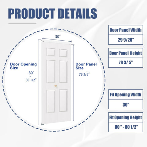 Bifold Closet Door For 30 x 80 Opening, 6 Lite Panel Hollow Core With Hardware Kit, shown with dimensions and fit opening size.