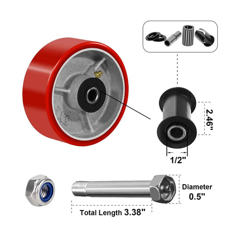 Heavy Duty Five Inch By Two Inch Polyurethane On Cast Iron Wheel With One Half Inch Bore Axle, replacement industrial caster overview