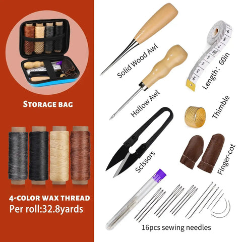 Pro Grade Beefed Up Leather Sewing Kit For Hand Stitching With Durable Needles, Waxed Thread, Awl, Thimble, and Tools