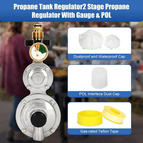 Top Rated Two Stage Propane Regulator With POL Gauge For 20 To 100 Lb Tanks, 3/8 Inch Female NPT Connection, dustproof caps, Teflon tape