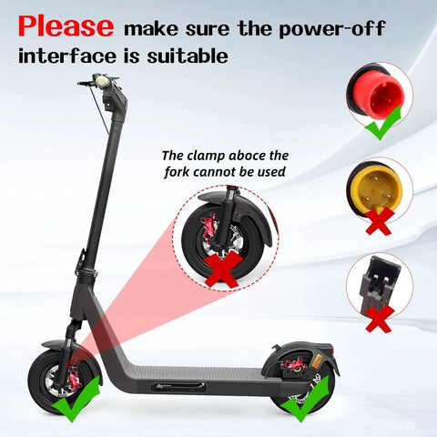 Installed Zoom HB876E hydraulic disc brake set on an electric scooter; red four-piston caliper on the front wheel.