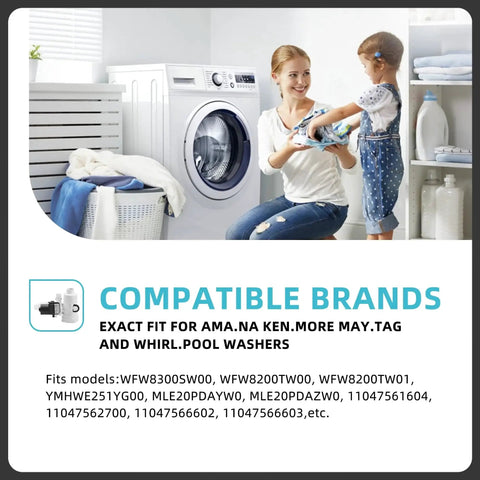 Front-loading white washing machine in a bright laundry room; woman and child folding clothes.
