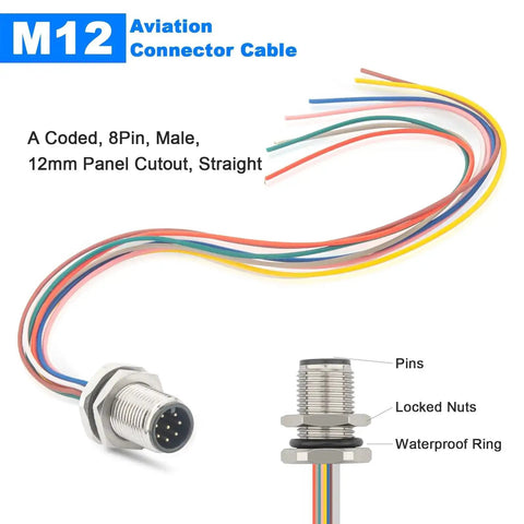 M12 Connector Cable With A Coded 8 Pin Male Straight Front Mount Unshielded 0.2M Long IP67 Waterproof Aviation Sensor Lead