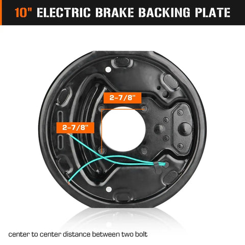 Front view of 10-inch electric brake backing plate, black steel with green wires