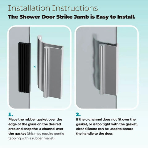 Installation instructions for shower door strike jamb with text and images showing rubber gasket and u-channel placement.