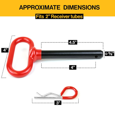 Two Pack Five Eighth Inch By Four And One Half Inch Steel Hitch Pins With Four Three Inch R Clips, red rubber handle, measurements shown