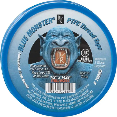 Label of Blue Monster PTFE Pipe Thread Sealant Tape One Half Inch By 1429 Inches For All Purpose Thread Sealing With No Curing Time