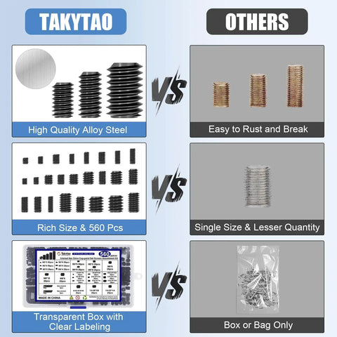 560 Piece Set Screw Kit With 25 Sizes Metric And SAE Assortment Includes 12 SAE And 13 Metric Sets shown versus other brands