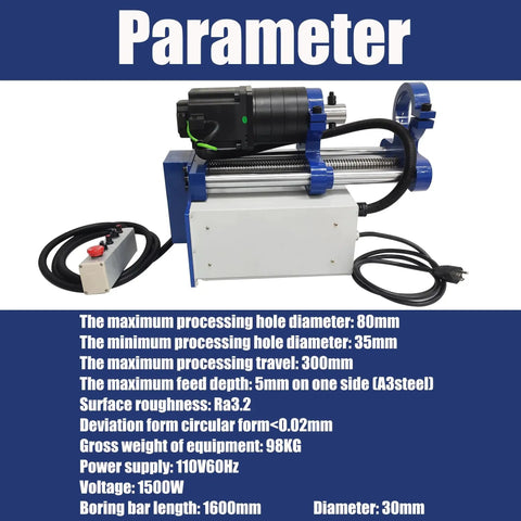 Your Go To Portable Line Boring Machine With 1600mm Boring Bar And 110V AC Servo Motor For On Site Hole Drilling And Machining Hole Diameter 35 To 80mm 300mm Travel Ideal For Excavators Cranes And Loaders product image with specifications.
