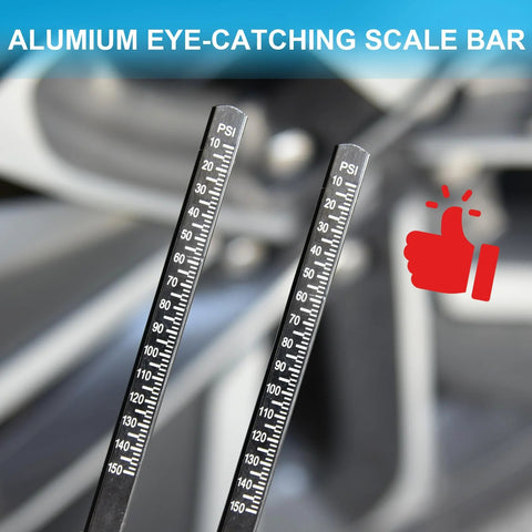 Tire pressure gauge with two aluminum scale bars, dual-head, black body and white PSI markings up to 150