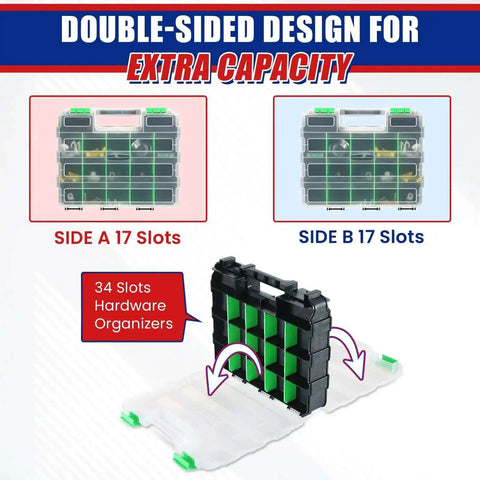 Small Parts Organizer And Hardware Storage Box Set Double Sided 34 Compartment Organizer With 24 Removable Dividers in use