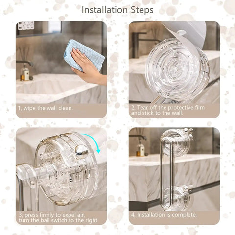 Installation steps for powerful large suction cup handle, showcasing cleaning, adhering, locking, and final mounted position on a bathroom wall.