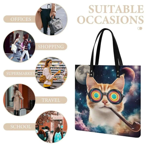 Leather Tote Bag For Women With Magnetic Buckle Large Capacity Work Travel Shoulder Bag featuring cat design