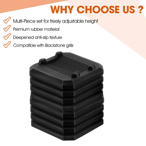 Stack of eight 1/4 inch rubber griddle leveling shims, compatible with Blackstone grills for stable outdoor use, prevents warping.