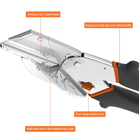 Close-up of multi-angle miter shear cutter set adjustable 45 to 135 degrees with aluminum handle and heavy-duty blade details.