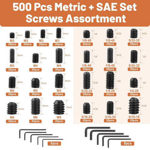 Hardworking 500 Piece Set Screw Kit With 25 Sizes Metric And SAE shown with screws and Allen wrenches