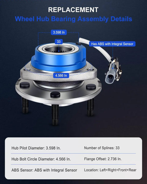 Front/Rear Wheel Hub & Bearing Assembly OE 513121 with ABS, bolt circle diameter 4.566 in, pilot diameter 3.598 in, 5-Lug