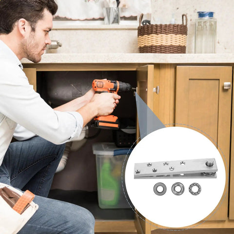 Man installing Hidden Door Hinge Kit 360 Degree Rotation Concealed Pivot Hardware For Secret Doors Bookshelves Bookcases And Cabinets Heavy Duty Stainless Steel Silver 5.8mm Thick DOITOOL under kitchen sink