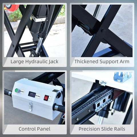 Electric lift table cart; four-panel view showing hydraulic jack, thickened arm, control panel, and slide rails.