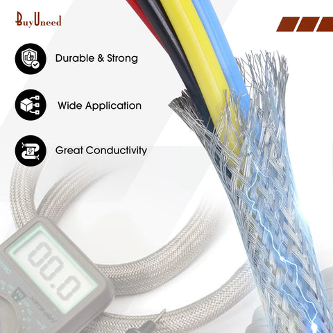 Tinned copper braid shielding sleeve with flat mesh; 5/16 in wide (0.20 in dia), colored wires visible.