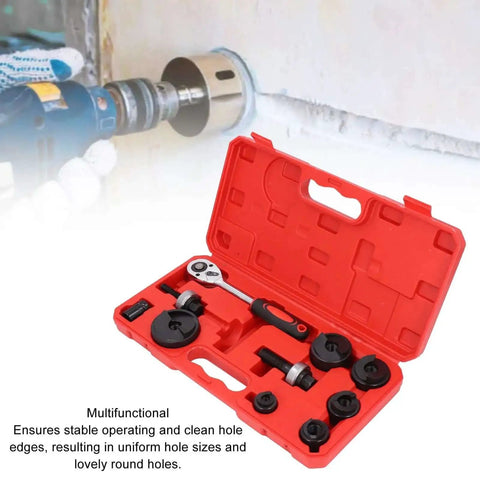 Open heavy duty knockout hole punch driver kit with red box showing six sizes manual ratchet tool for metal sheet punching clean holes.
