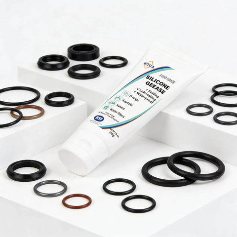 Multi Purpose Silicone Grease For O Rings And Electrical Connectors Dielectric Lubricant For Automotive Spark Plugs High Temperature Insulation Protection Non Drip Formula NSF Certified 1.6 Ounce Tube with various O-rings displayed.