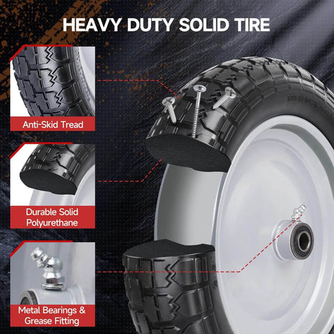 Solid Tire And Wheel Kit For Wheelbarrows And Garden Carts With 14.5 Diameter Flat Free Tire, 4.80 4.00 8 Size, Five Eighth And Three Quarter Inch Bearings, Universal Replacement - shown with anti-skid tread and metal bearings.
