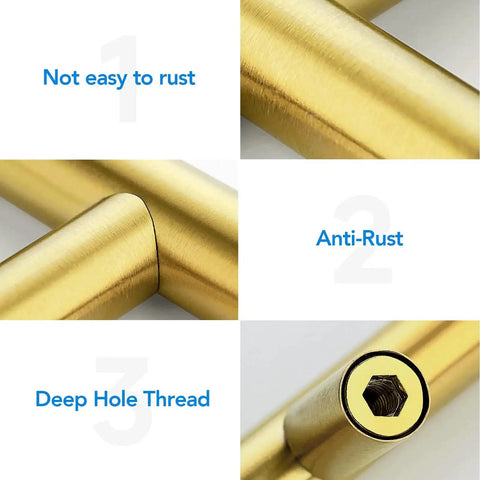 Close-up of brushed brass finish on stainless steel cabinet handles with deep hole thread, showcasing anti-rust features, 3-inch spacing.