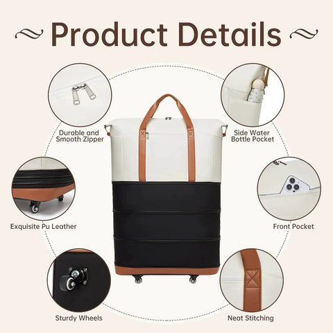 Expandable Travel Duffle Bag With Wheels That Grows From Compact To 130L featuring durable zippers, side pockets, and smooth rolling wheels