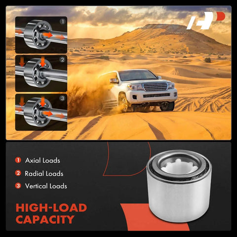 High-load capacity beefy 2 pack rear wheel bearings for AWD Subarus with axial and radial load support, shown with a desert SUV.