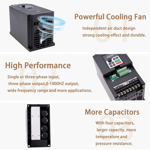 5.5KW VFD Inverter with cooling fan, performance details, and capacitor view for CNC spindle motor
