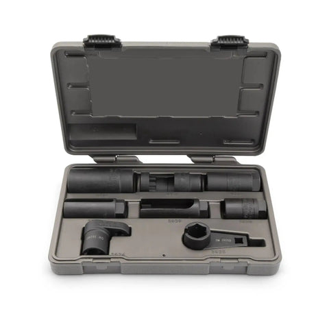 Pro Grade Sensor And Sending Socket Set For Oxygen Sensors And Vacuum Switches Three Eighths Drive Includes Seven Eighths Slotted Socket For O2 Units And Twenty Two Millimeter Sensor Uni Socket Eight Piece Kit in a case