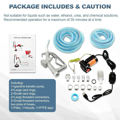 3.7 GPM 110V AC Fuel Pump Kit with handle, hoses, connectors, and accessories for gasoline, diesel, kerosene, and mineral oil.
