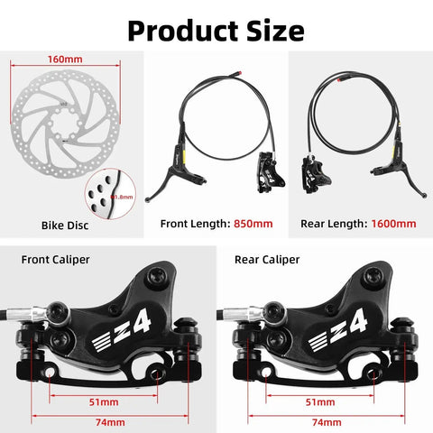 Amazon 4-piston e-bike hydraulic disc brake set with 160mm rotors; front 850mm and rear 1600mm hoses, calipers, levers