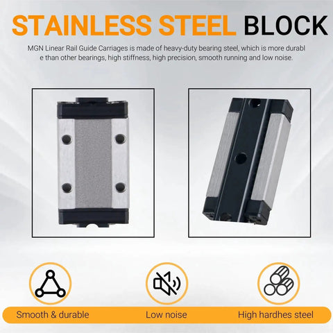 Front and side view of stainless steel MGN12H carriages for Two Pack 500mm MGN12H Linear Rail Guides With Carriages For 3D Printers And CNC Machines Smooth Low Friction Sliding High Load Bearing Steel Includes Limit Blocks And Rubber Plugs.