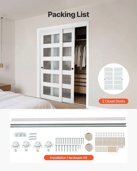 Space Saving Sliding Closet Doors Kit For 60 Inch Opening, 31 Inch Panels, 80 Inch High Frosted Glass 5 Lite Double Doors With Hardware Kit And Floor Guide, Easy Assembly No Swing Space Needed