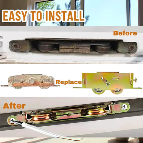 Before and after installation of 2 Pack Sliding Patio Door Tandem Roller Assembly Replacement Fits Guardian Croft VinylMax And Other Sliding Door Manufacturers 1-1/4 Inch Steel Ball Bearing End Adjustment 5-3/4 Inch Screw Hole Centers