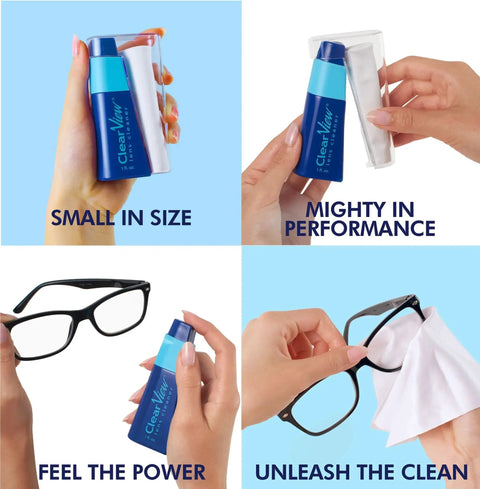 Lens Cleaner Kit With Two 8oz Bottles Travel Spray and Premium Microfiber Cloths cleaning eyeglasses and showcasing compact size.