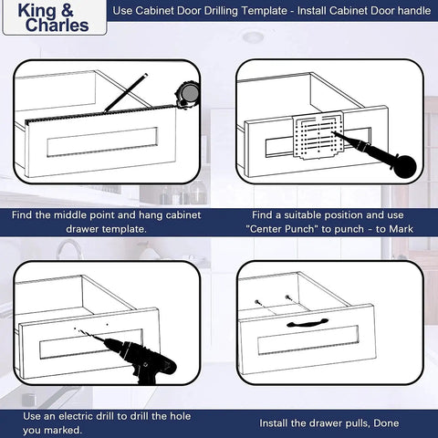 Illustration of Cabinet Hardware Template With Center Punch Kit for marking and drilling holes on drawers and doors.