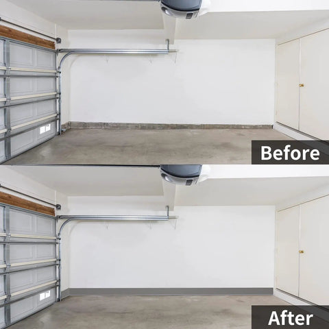Before and after image of a garage wall showing installation of Flexible Baseboard Molding Trim 4 Inch By 20 Feet Self Adhesive Vinyl Wall Base.
