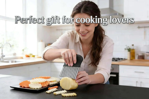 French Fry Slicer With Large Crinkle Cutter For Perfect Fries And Veggie Slices, Stainless Steel Wavy Knife Tool in use