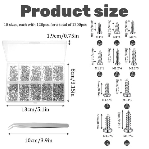 Ultra Handy Micro Screw Repair Kit with 1200Pcs stainless steel tiny screws in sizes M1, M1.2, M1.4, M1.7 shown in clear box