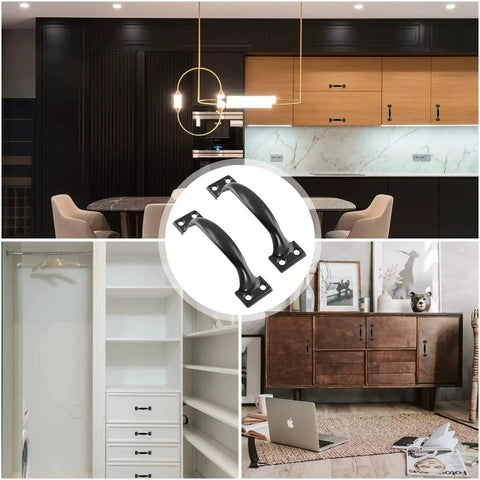 Set Of 2 Black Gate Handle Pulls 4.8 Inch Outdoor Garage Door Pull Handles With Screws Included shown on cabinets and drawers.