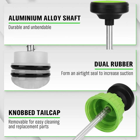 200cc Fluid Extractor Pump For Car Fluids Extraction And Manual Suction Transfer parts including aluminum alloy shaft, dual rubber seal, and knobbed tailcap