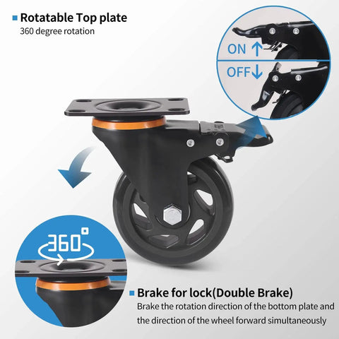 5 Inch Heavy Duty Caster Wheels Set Of 4 With Brakes And Dual Locking Safety Casters, highlighting rotatable top and double brake features