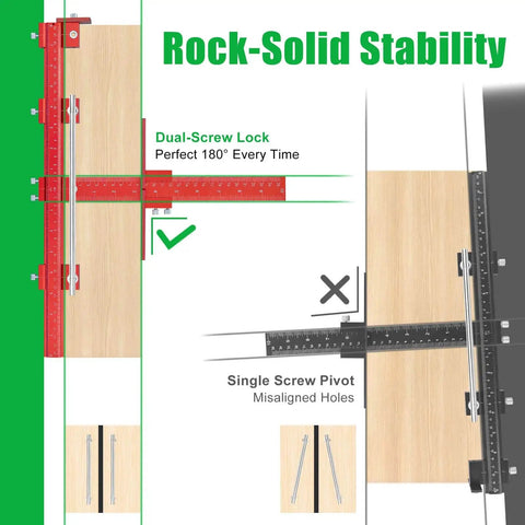Built Tough Aluminum Cabinet Handle Jig For Precise Drawer Pull Installations With 50 Percent Thicker Frame And Dual Screw Lock Drill Guide Template Tool shown ensuring perfect alignment of drawer holes with contrasting example of misaligned holes.