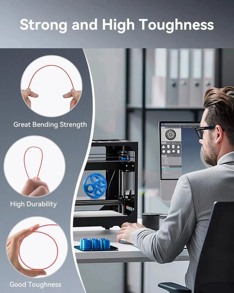 Man using 3D printer with PETG Filament 1.75mm 1kg Black With Excellent Layer Adhesion And Low Stringing, images show filament flexibility and strength.