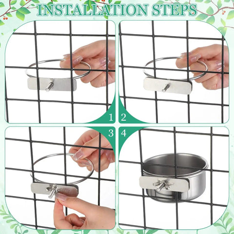 Installation steps for Stainless Steel Bird Bowls 10 Oz 24 Pack With Clamps for cage feeding, showing attachment on wire grid.