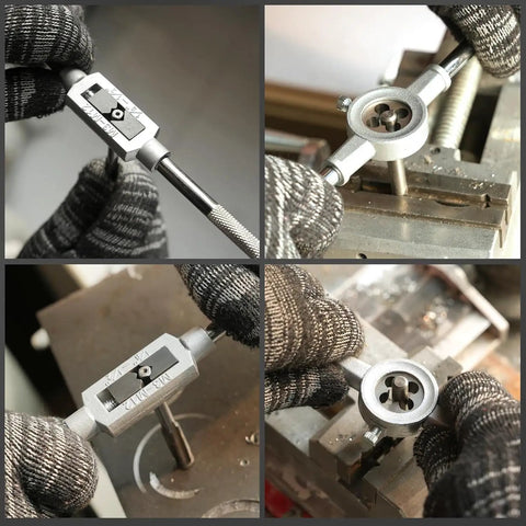 Close-up of 40 Piece Tap And Die Set With Metric M3 To M12 And SAE Sizes Pro Grade All In One Threading Kit in use